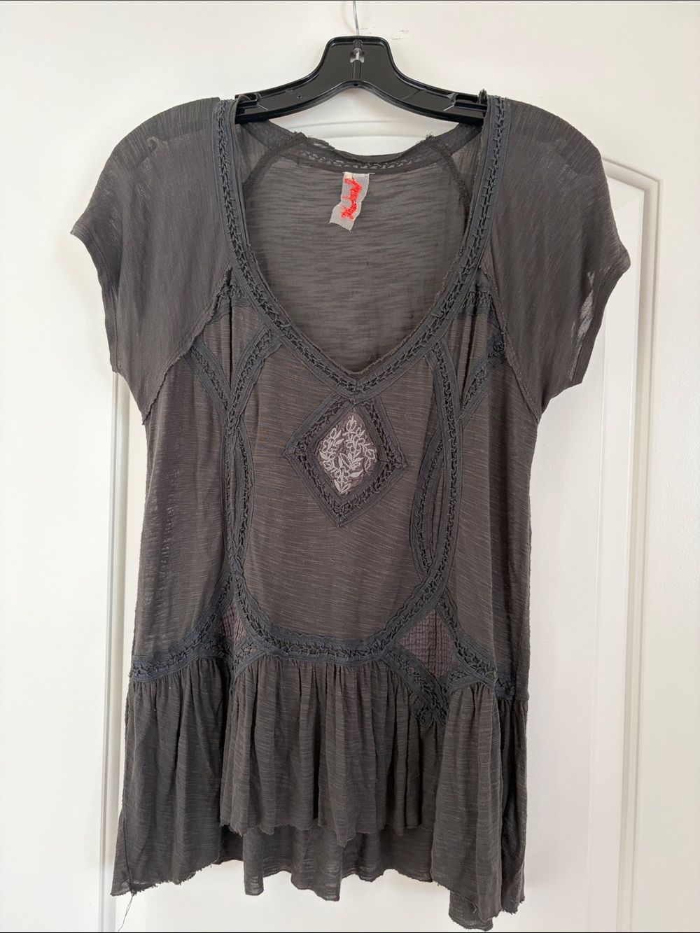 Free People Charcoal Gray Lace-Trim Peplum Tunic
